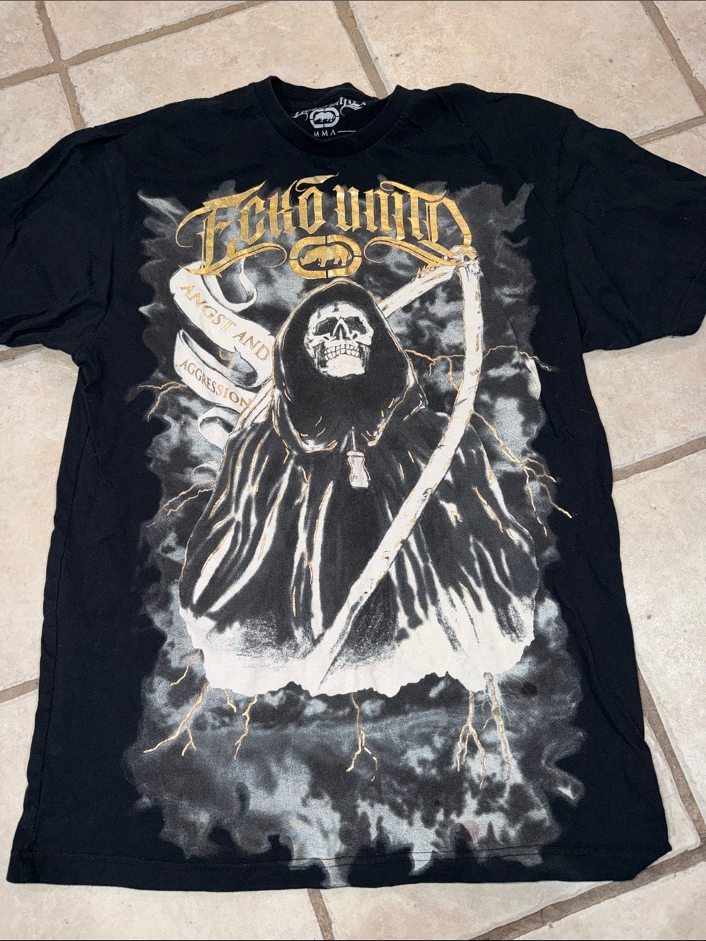 Y2K Ecko Unlimited Black Graphic Reaper Tee with Gold Logo